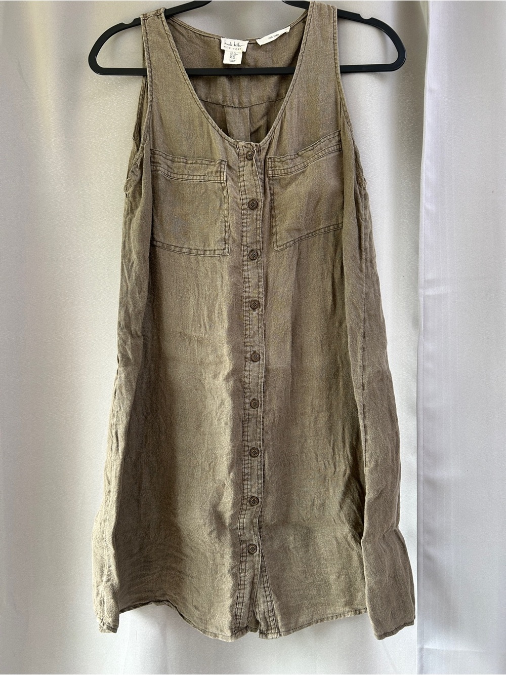 Nicole Miller Olive-Toned / brown Sleeveless Button-Front Linen Dress